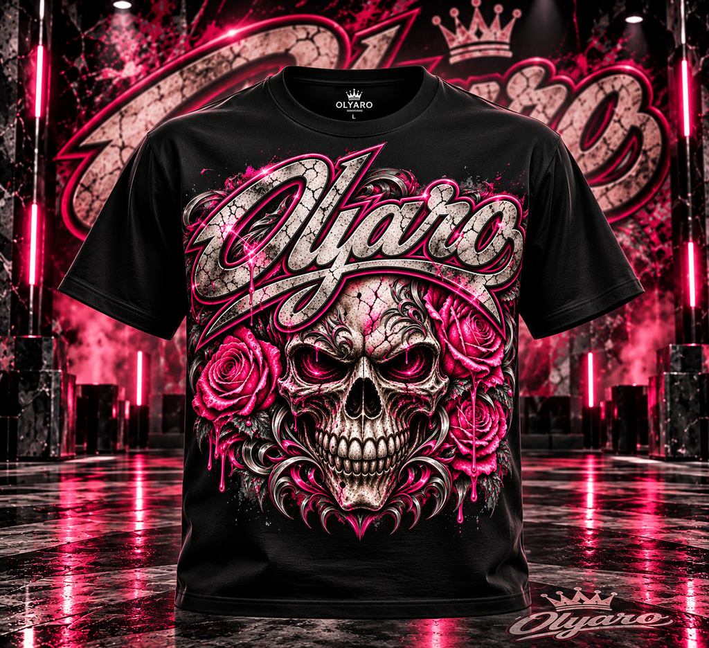 OLYARO -T-Shirt Black Edition Skulls Pink