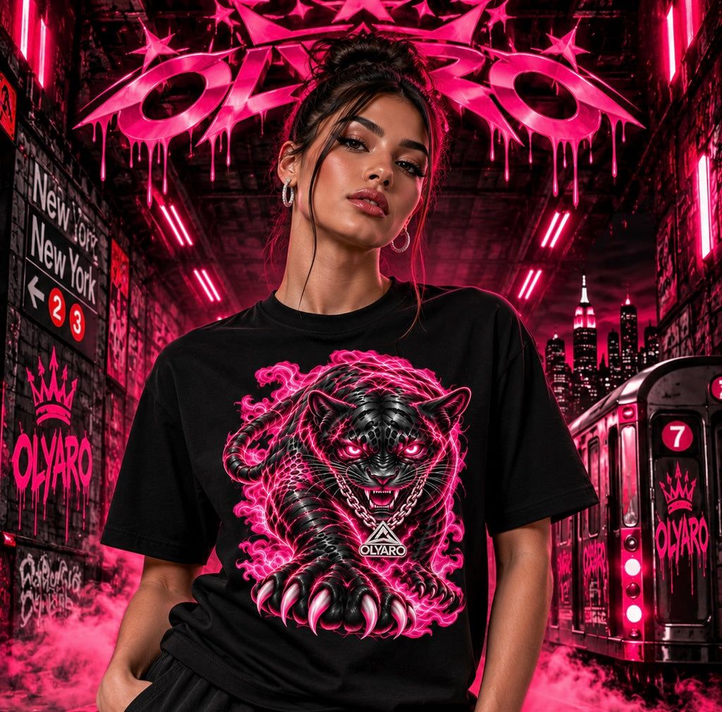 OLYARO -T-Shirt Black Panthere Pink