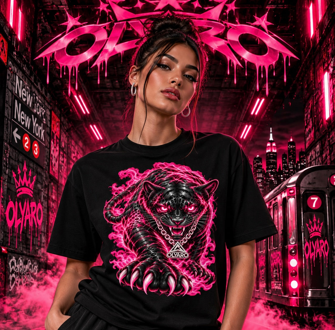 OLYARO -T-Shirt Black Panthere Pink