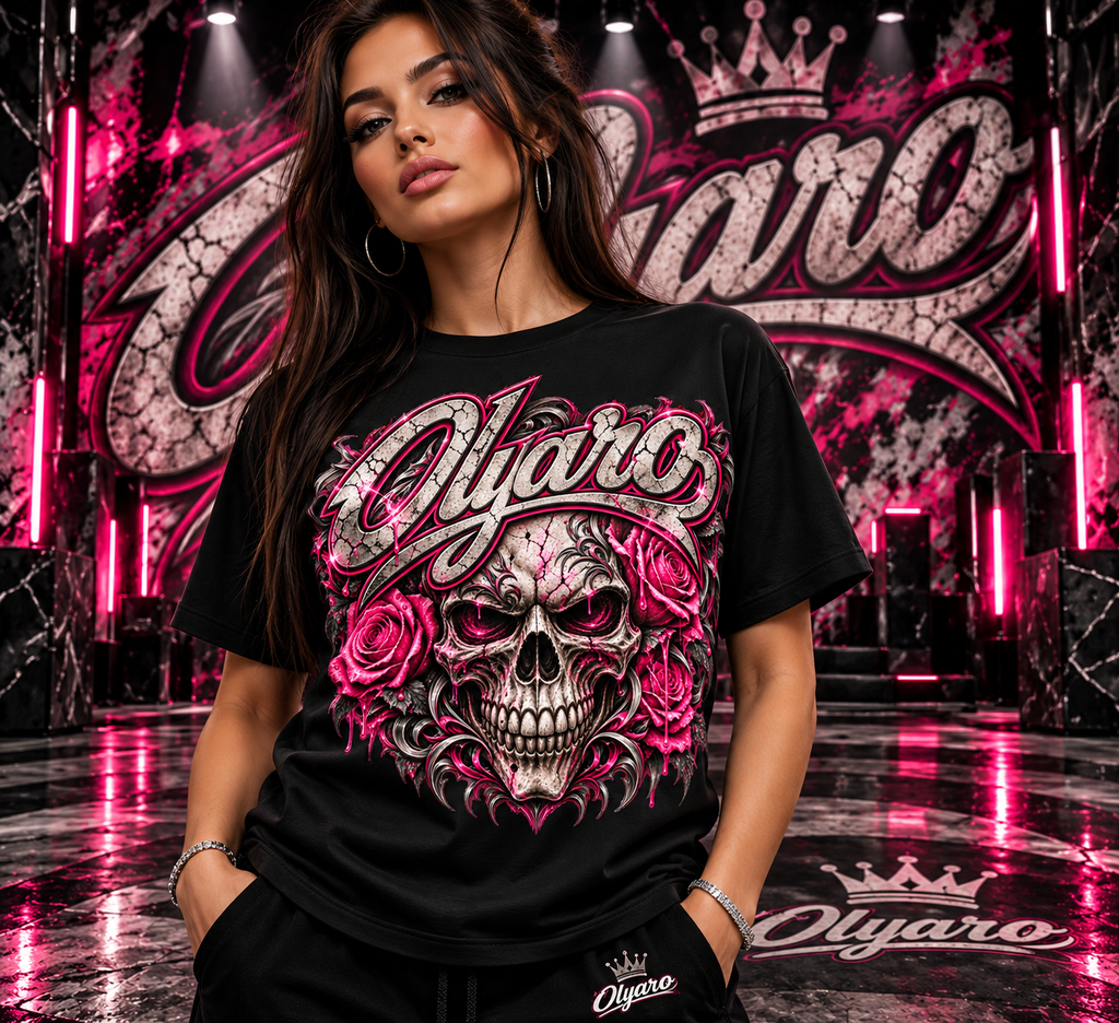 OLYARO -T-Shirt Black Edition Skulls Pink