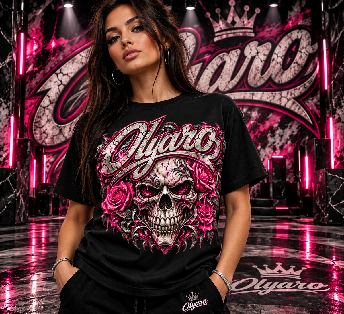OLYARO -T-Shirt Black Edition Skulls Pink